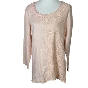 Sundance Pale Pink Linen Tunic with Lace and Shark bite Hi-Lo Detail Size L